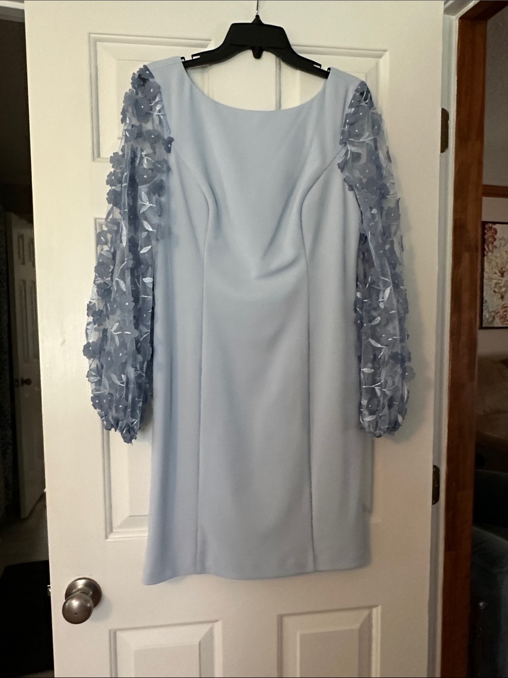 Eliza J Light Blue Sheer Appliqué Sleeve Midi Dress